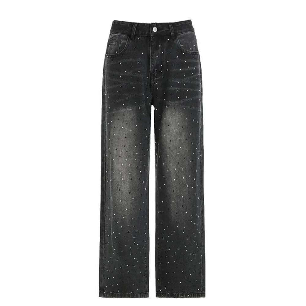 Cuteandpsycho Vintage Rhinestone Loose Jeans Fashion Low Waisted Pockets Zipper Pants Haruku Chic Streetwear Bottoms for Women
