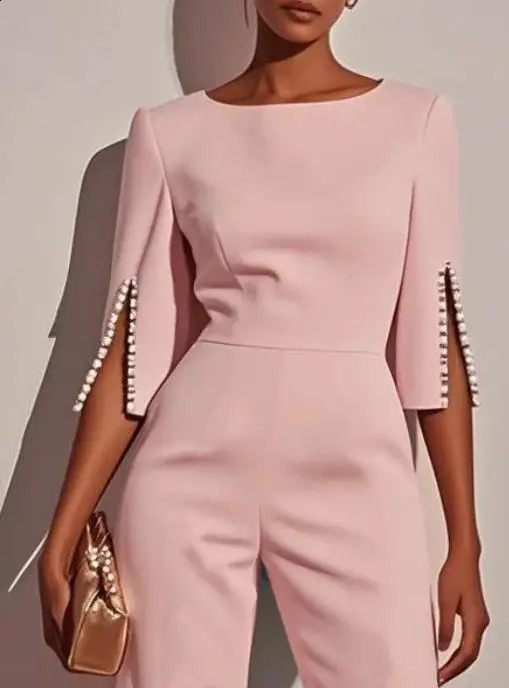 Female Elegant Long Jumpsuits 2025 Selling Spring Summer Solid High Waist Beaded Decor Slim Jumpsuit for Womens Clothing 250731