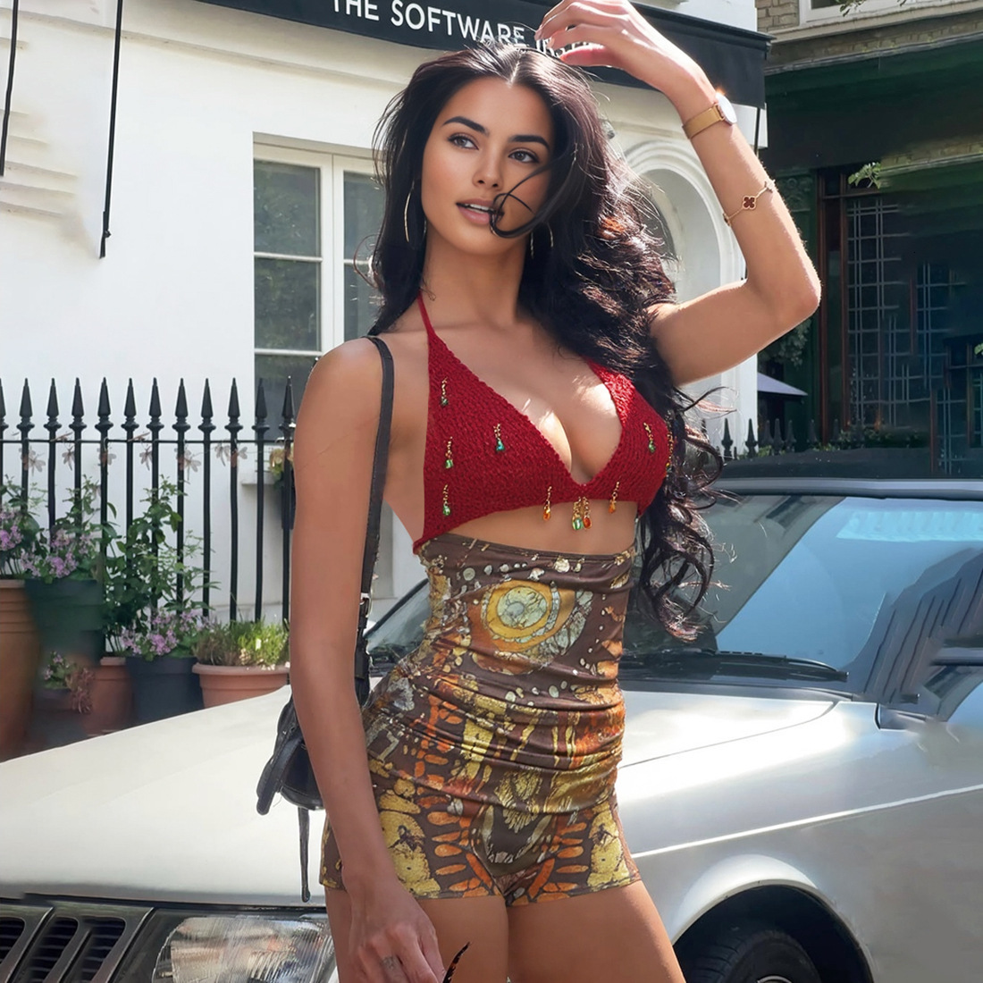 2025 Autumn New Womens Fashion Printed Sexy Backless Halter Knitted Patchwork Top Bodycon Shorts Set
