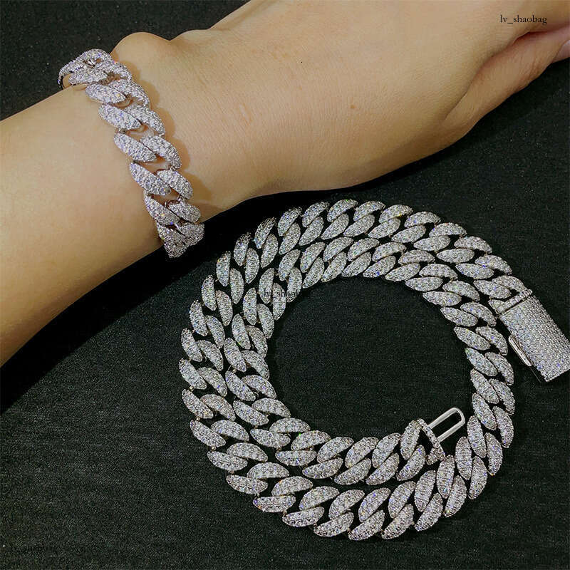 INS Sterling Silver Inlaid Moissanite chain Cuban Chain 12mm Crescent Shape Hip Hop Trendy Brand Men's Bracelet Necklace