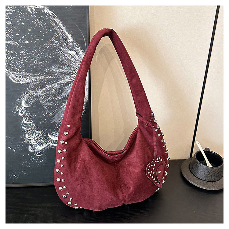 Luxury Bag 2025 Autumn Winter New Suede Women's Bag Single Shoulder Crossbody Designer Bag Rivet Matte Crescent Underarm Casual Tote Handbag
