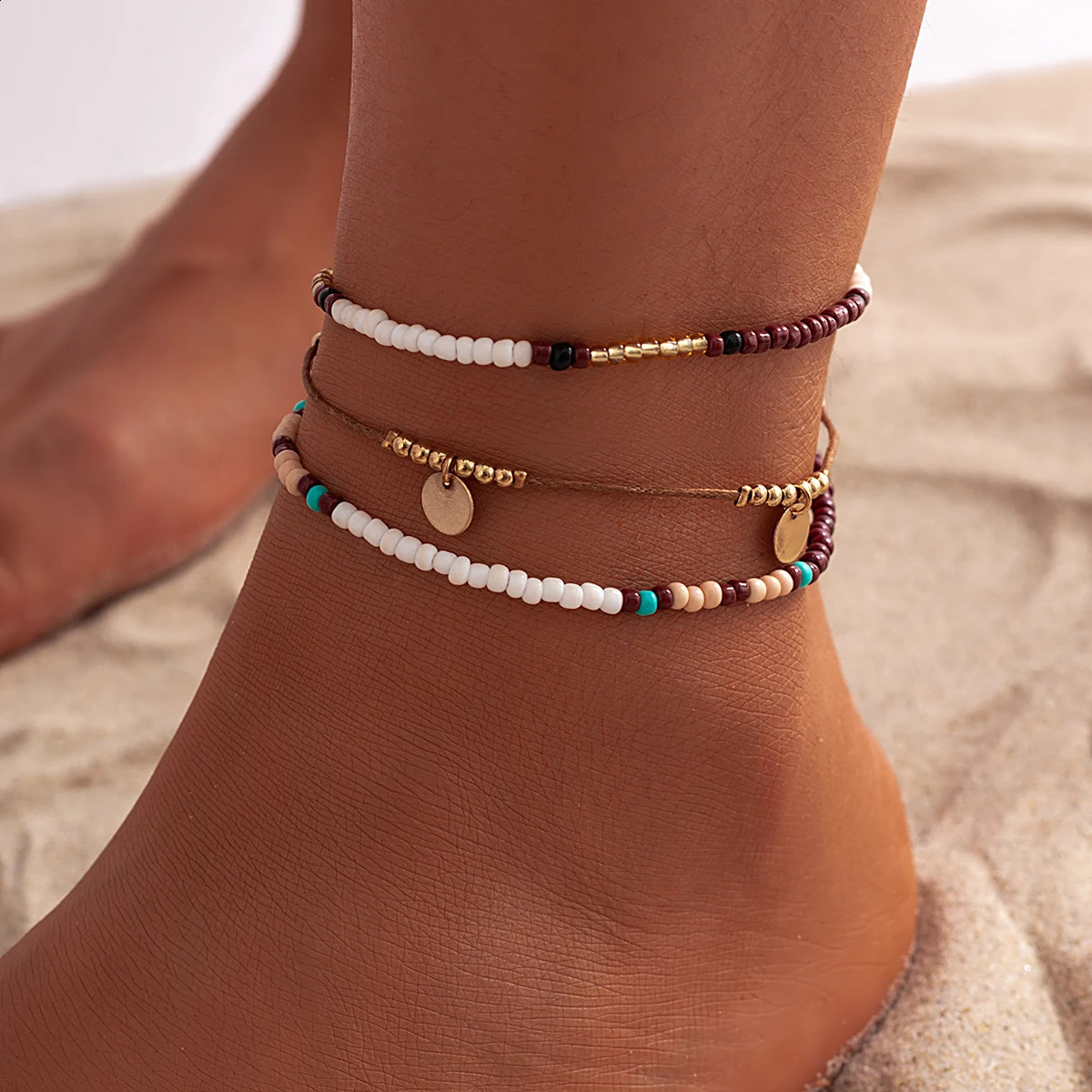 3Pcs/Set Bohemian Rice Beads Anklets for Women Vintage Trend Round Sequin Feet Chain Summer Beach Barefoot Jewelry Accessories 250807