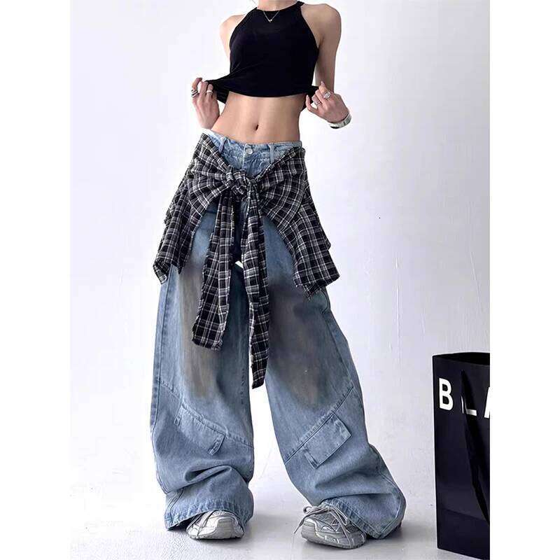 MEXZT Y2K Cargo Jeans Women Haruku Plaid Patchwork Wide Leg Denim Pants Vintage Grunge Korean High Waist Baggy Design Trousers