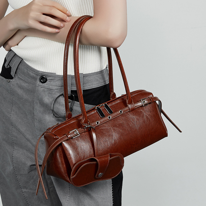 Genuine Leather Niche Biker Style Trendy Cool Belt Decor Handbag New Single Shoulder Underarm Dachshund Baguette Women's Bag