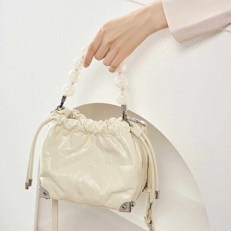 New Chinese Style Beaded First Layer Cowhide Hand-Grasped Flower Pleated Lucky Handbag Shoulder Crossbody Women's Bag