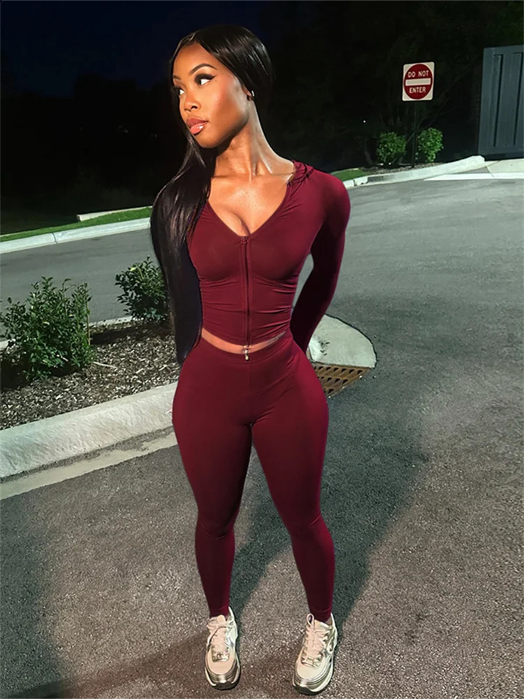 Nibber Sporty Casual 2 Piece Set Women Tracksuit Hooded Zip Crop TopsLeggings Fitness Soft Stretch Streetwear Activity Suit 250809