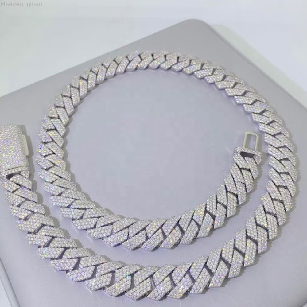 Hip Hop Moissanite Cuban Chain Straight Angle15MM 2 Rows S925 Custom Cuban Link Chain Necklace