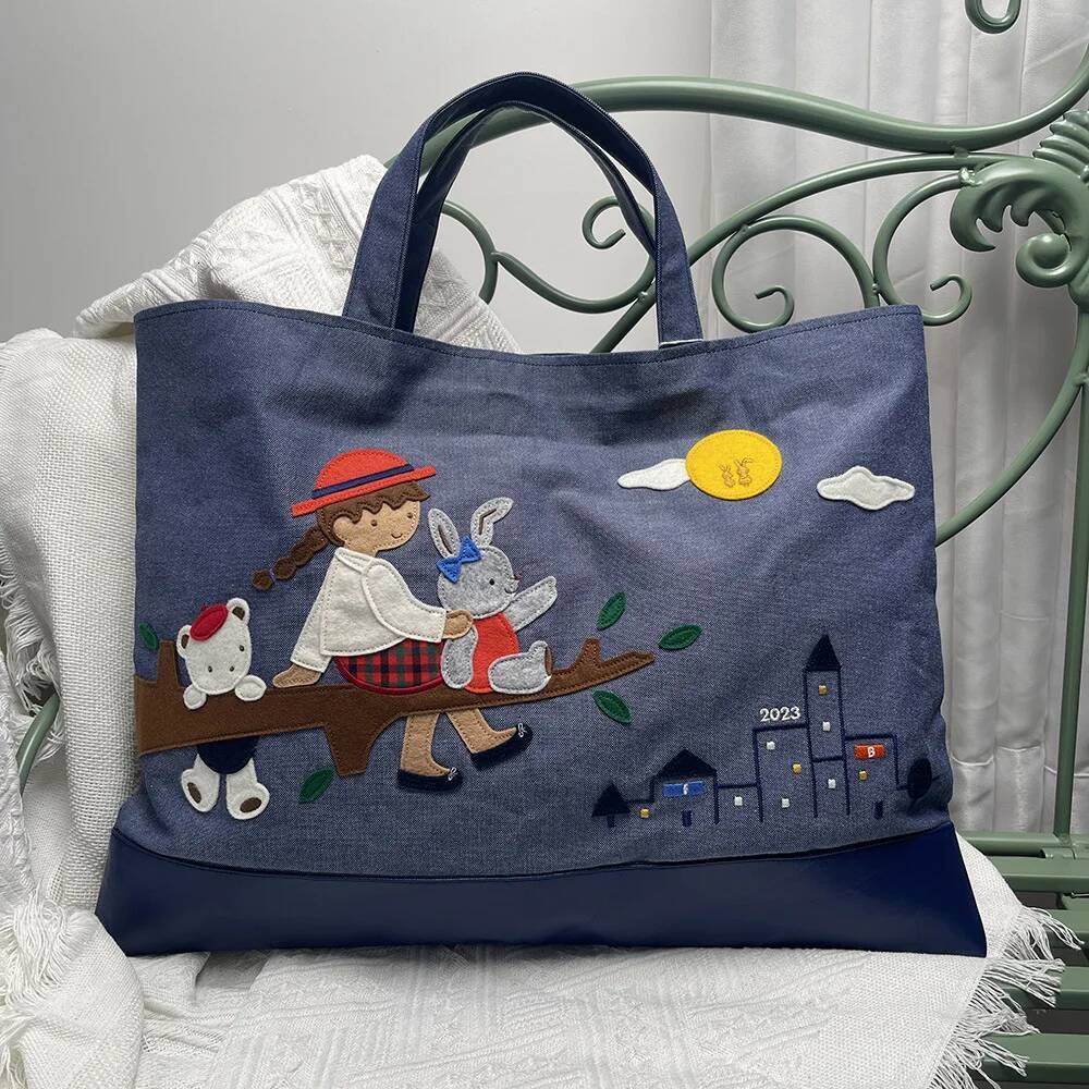 New Cute Ladies Bag Rabbit Embroidery Handbag Denim Cotton Tote 780436