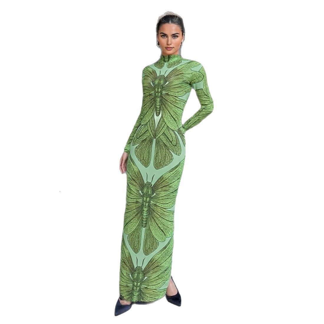 2025 Summer New Womens Fashion Elegant High Neck Slim Fit Bodycon Long Printed Dress