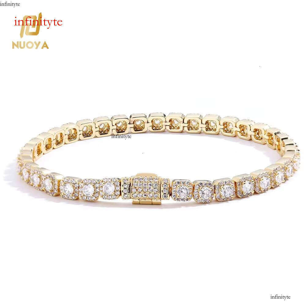NUOYA 5mm Clustered Sier Gold Plated Iced Out Dia Hip Hop Jewelry Round Zircon Tennis Chain Bracelet