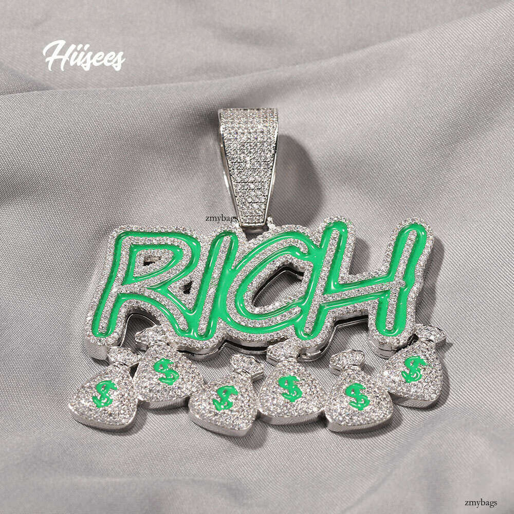 Hiisees Trendy Brand Hip-Hop Luminous RICH Money Bag Pendant Creative Moissanite chain Letter Necklace for Men and Women