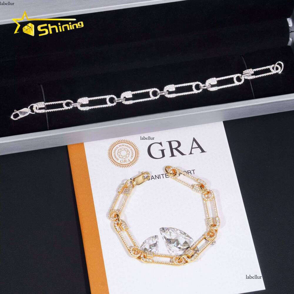 Hip Hop Jewelry Fashion Paper Clip Style Sier Gold Plated Iced Out Moissanite Tennis Bracelet Gifts