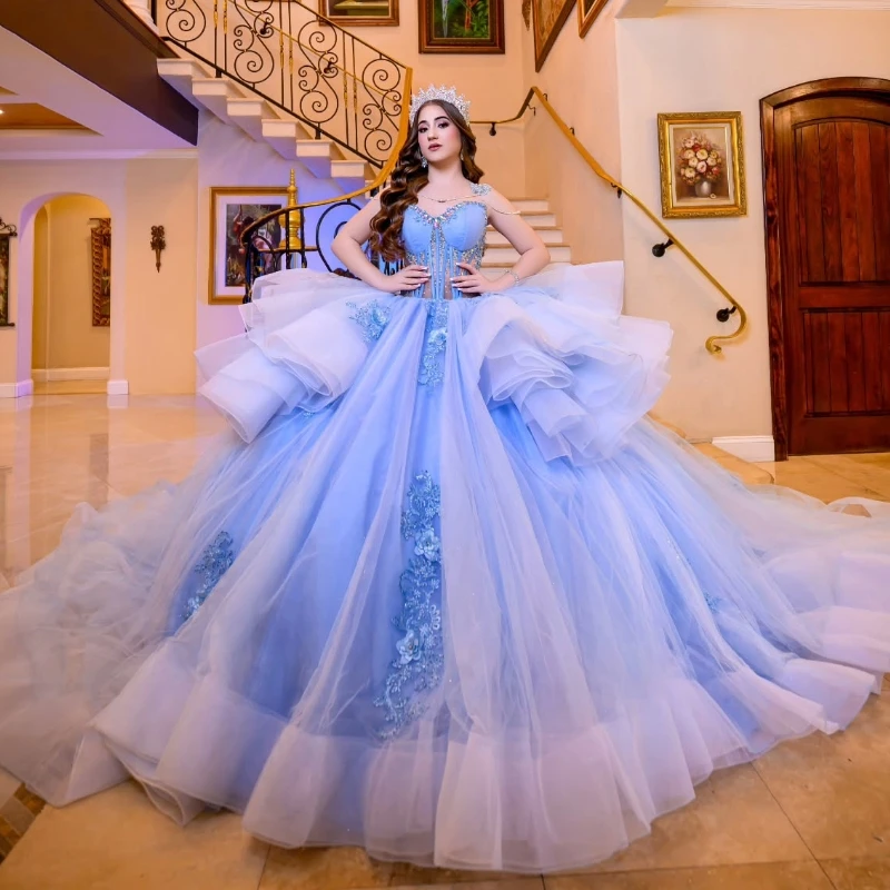 Sky Blue Quinceanera Dresses Ball Gown Off The Shoulder Applique Flower Beads Tull Tiered Party Birthday Sweet 16 Dress Vestido De 15 Anos