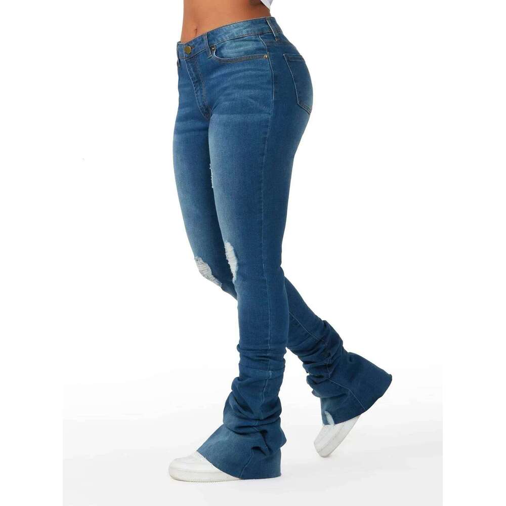 Washed Denim Straight Pants Women Ankle Length Jean Ripped Hole Distressed Pockets Solid Casual Skinny Vintage High Waist