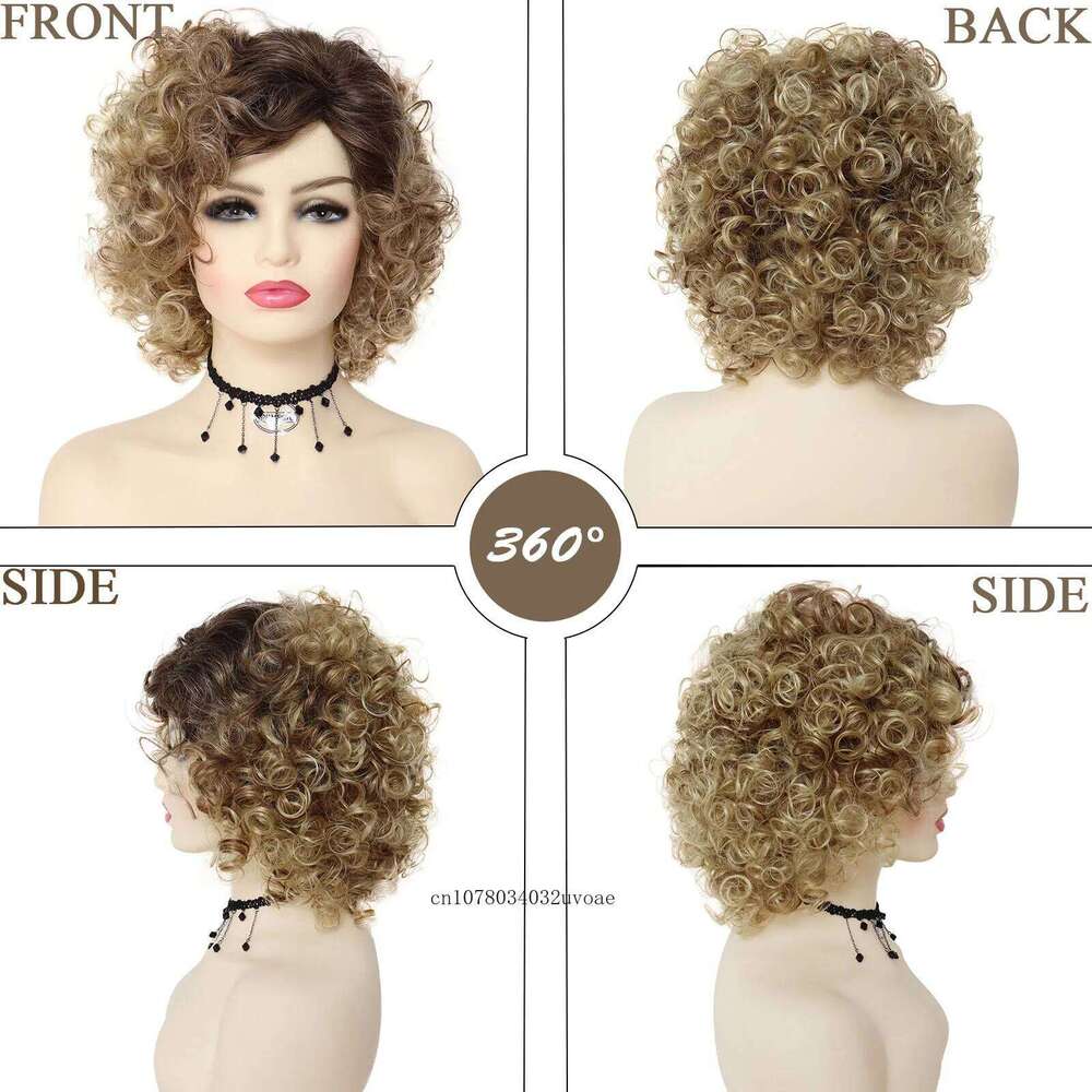 Synthetic Curly Short for Women Blonde with Bangs Sandy Grease Ombre Wigs Halloween Costume Wig Cosplay