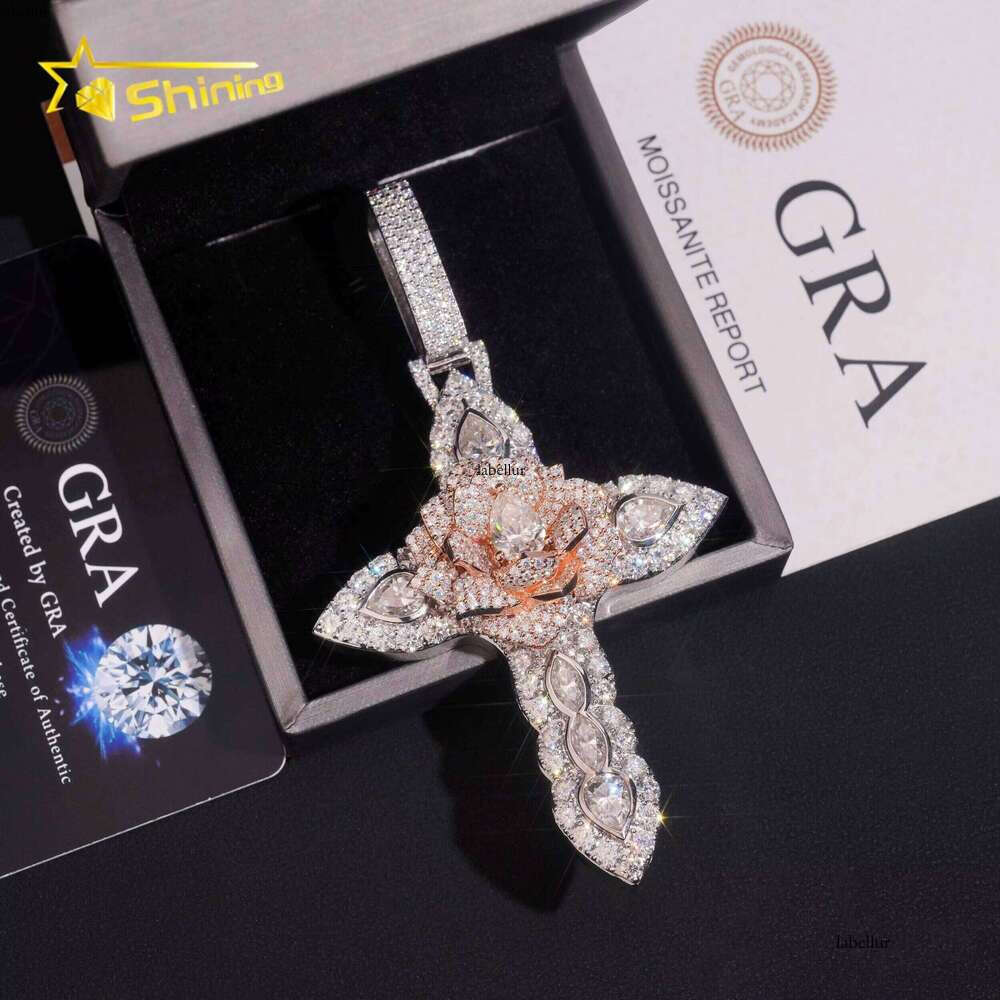 Solid Heavy Duty Two-Tone VVS Hip-Hop Sier Iced Out 3D Moissanite Cross Pendant