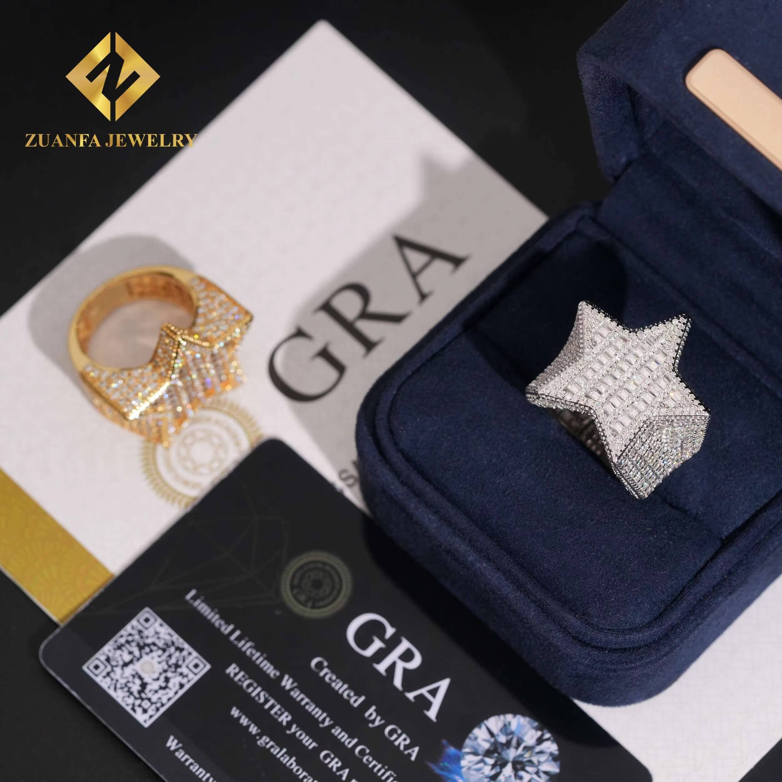 Trendy Jewelry Luxury Design Baguette Diamond Hip Hop Five Stars 925 Silver Iced Out VVS Moissanite Ring Mens