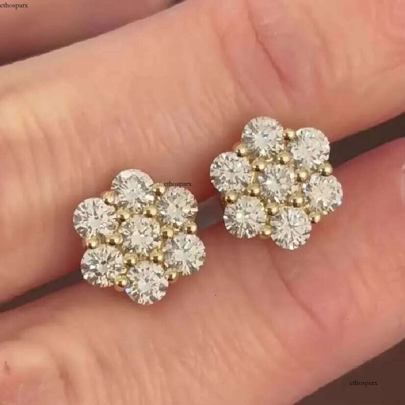 Fine Jewelry Stud 14K Gold Cluster Flower Shape VVS Iced Out Moissanite Earrings