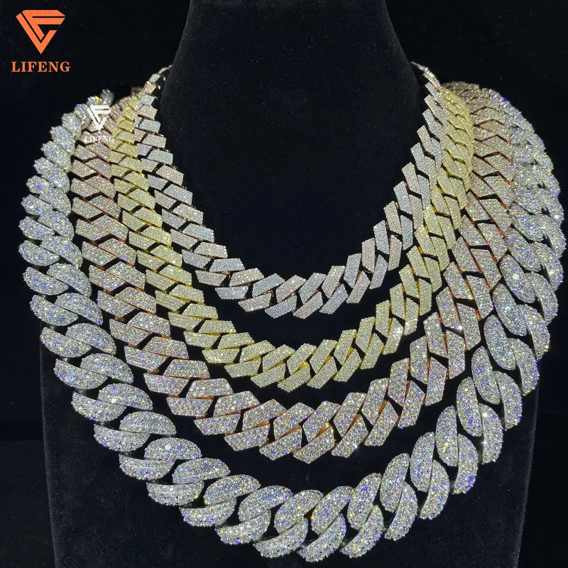 Lifeng S925 Cuban Link Necklace for Men 15-20mm Box Chain with VVS Moissanite Ice Diamond Rappper Gift Jewelry