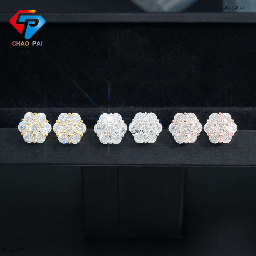 New Iced Out VVS 15.0mm Moissanite Full Inlaid Flower Stud Earrings Hip Hop Jewelry
