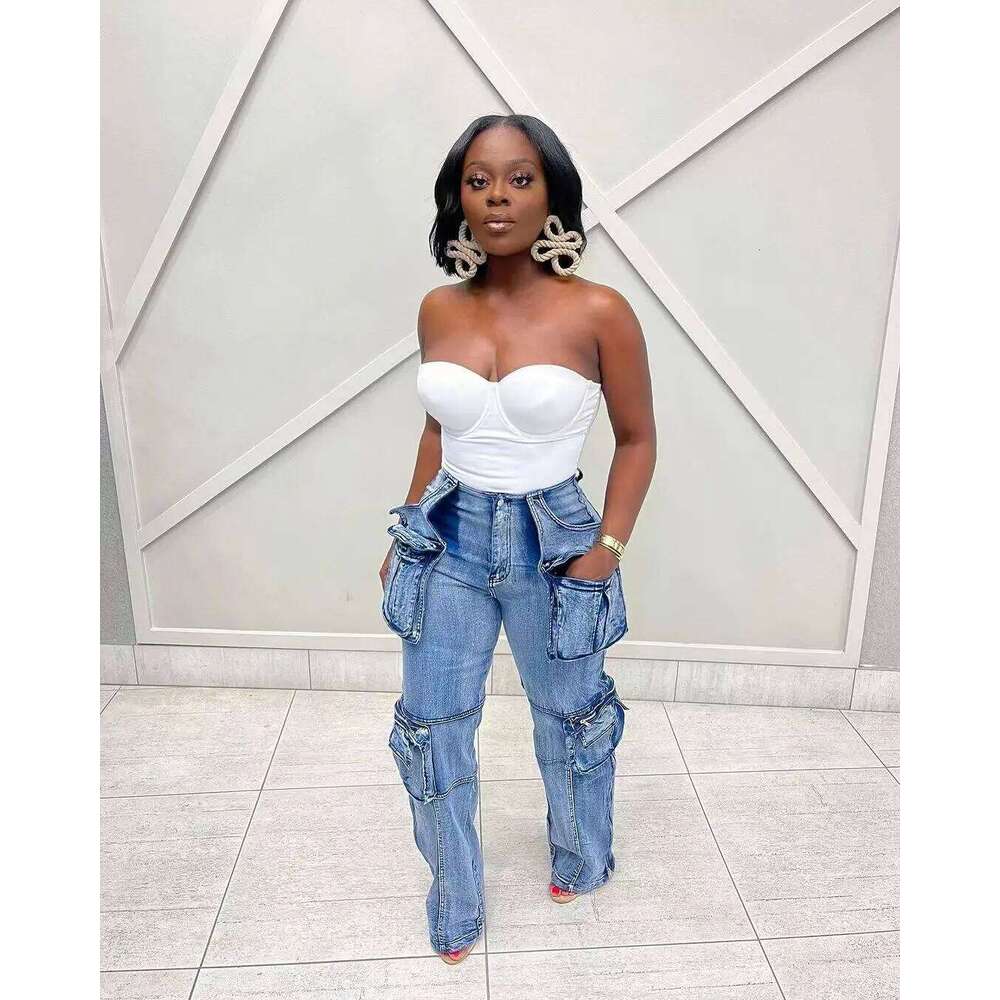 Vintage Washed Distressed Women Jeans Ankle Length Spliced Cargo Pants Denim Pockets High Waist Streetwear Loose Fit 2024