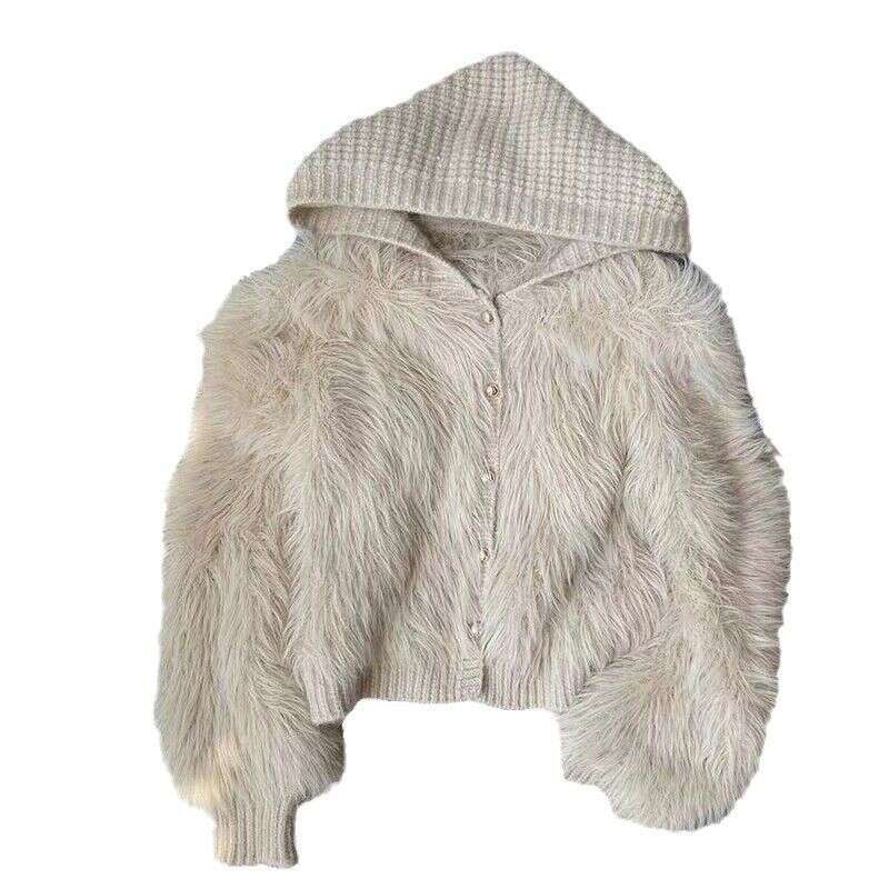 Women's Clothing Faux Mink Fur Cardigan For Women - Soft Cozy Hooded Knit Sweater With Geometric Pattern, Regular Fit, Long Sleeve, Khaki