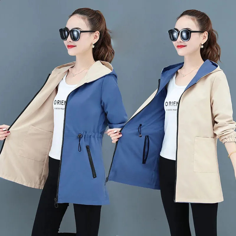 Spring Autumn DoubleSided Trench Coat Women Long Sleeve Jacket Hooded Drawstring Reversible Female Streetwear Outerwear 4XL 250809