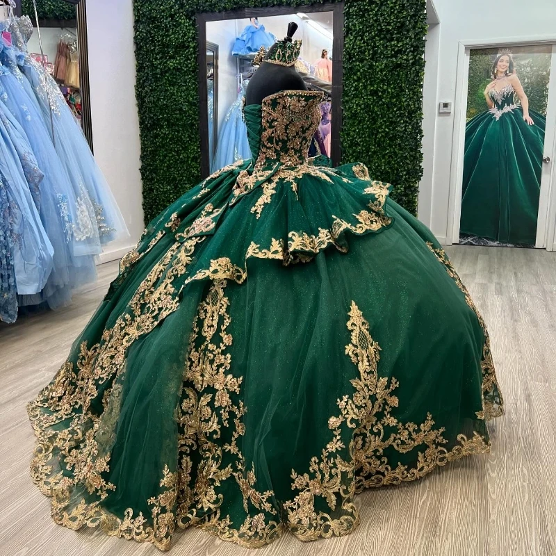 Blacking Green Shiny Quinceanera Dresses Ball Gown Off The Shoulder Gold Applique Lace Beads Tull Party Birthday Sweet 16 Dress Vestidos 15 Anos