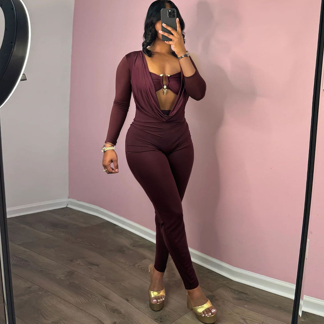 2025 Summer New Womens Fashion Sexy Strapless Scoop Neck Waist-Cinching Bodycon Solid Color Jumpsuit