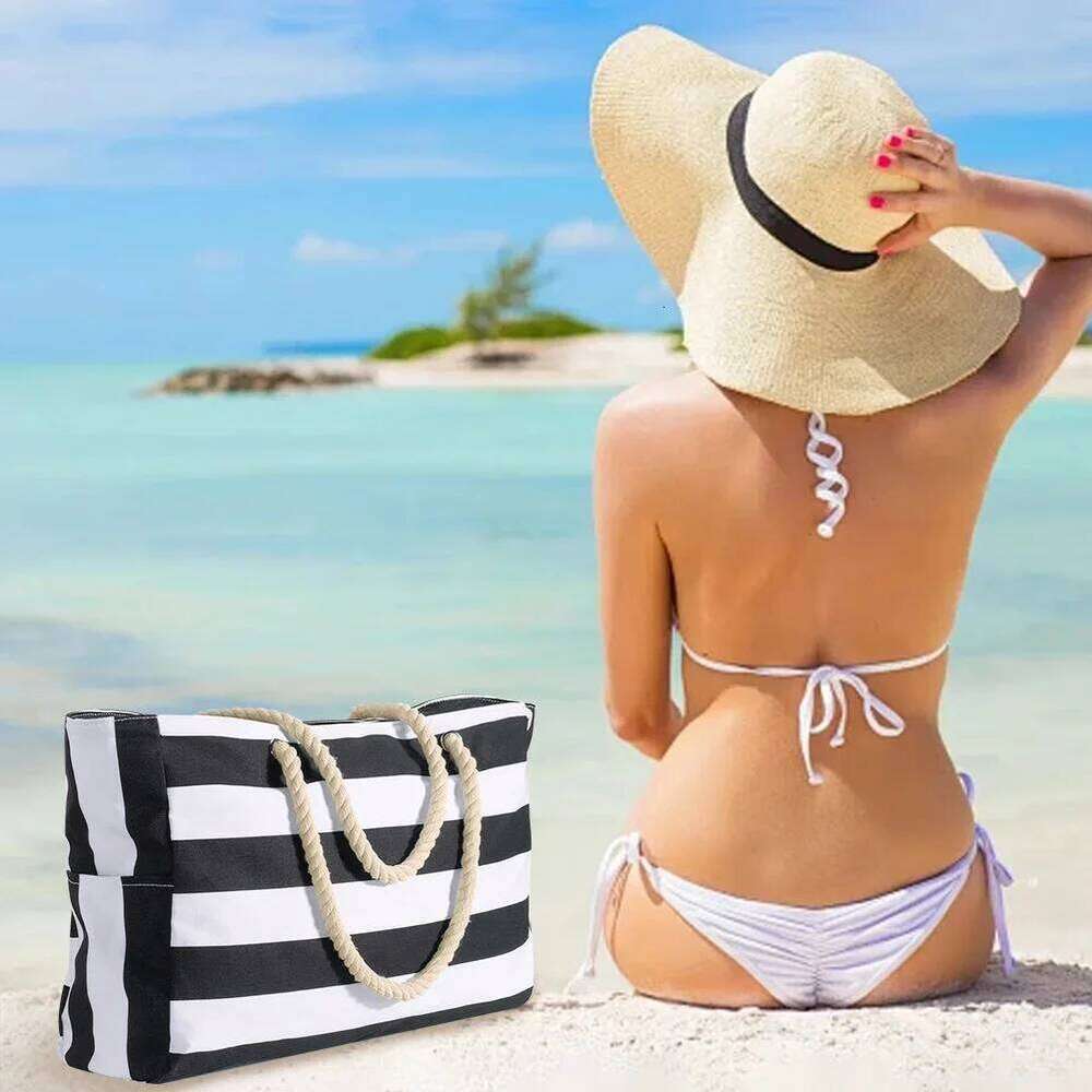 Women Beach Stripe Waterproof Sandproof Shoulder Large Capacity Canvas Tote Travel Overnight Swim Pool Bag