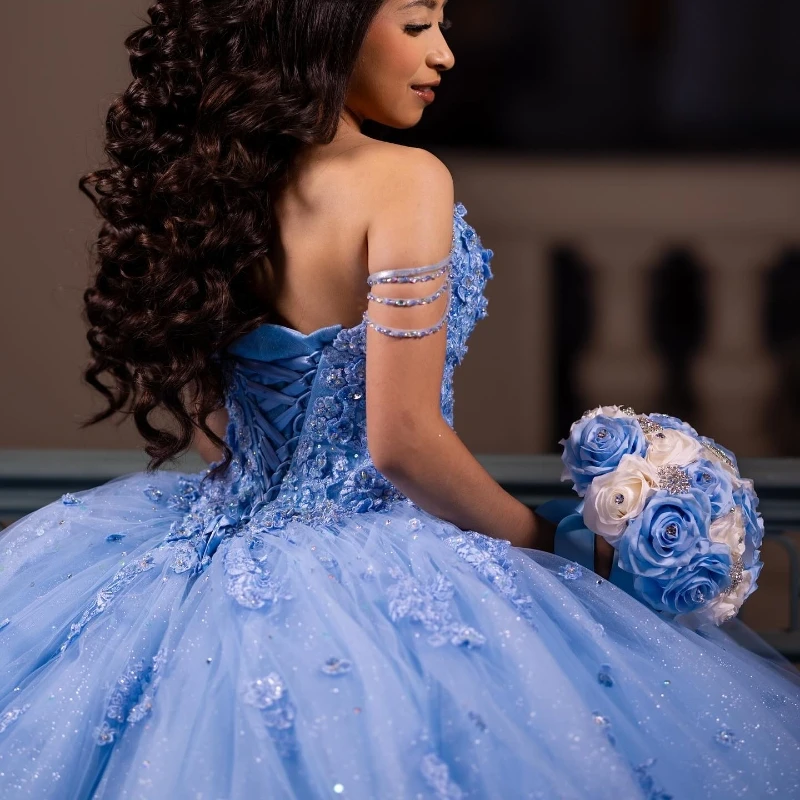 Sky Blue Quinceanera Dresses Ball Gown Off The Shoulder Applique Lace Tull Party Birthday Sweet 16 Dress Vestido De 15 Anos