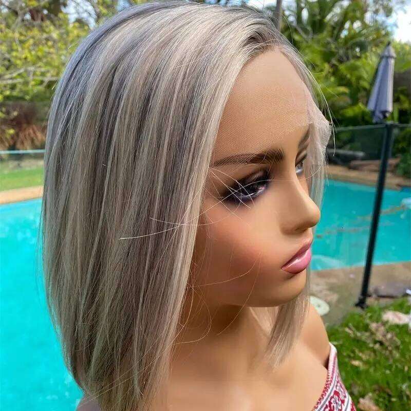 Glueless Wigs Ash Blonde Synthetic HD Lace Front Wig Balayage Pre Plucked Hairline Heat Resistant Short Straight Bob For Women