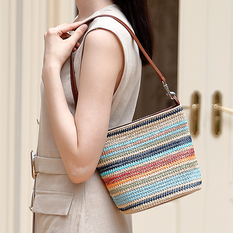 Summer New Fashion Color-Block For Women, Niche Design, Straw Woven With Genuine Leather, Large Capacity Commuter Tote Bag