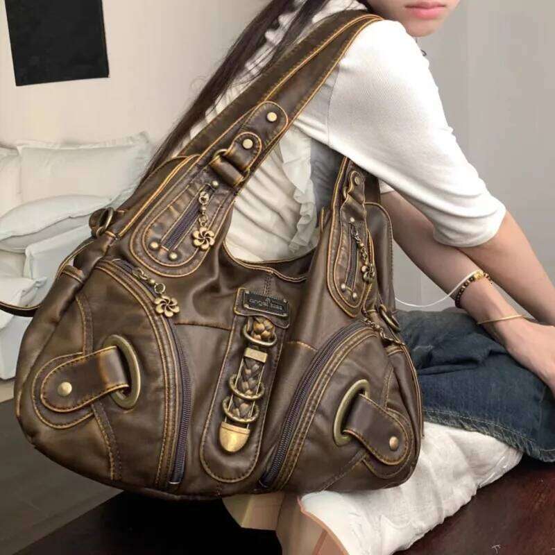 Vintage Brown Handbag Women Retro Subculture Leather Large Capacity Shoulder Bags Ladies Haruku Aesthetic Tote Bag