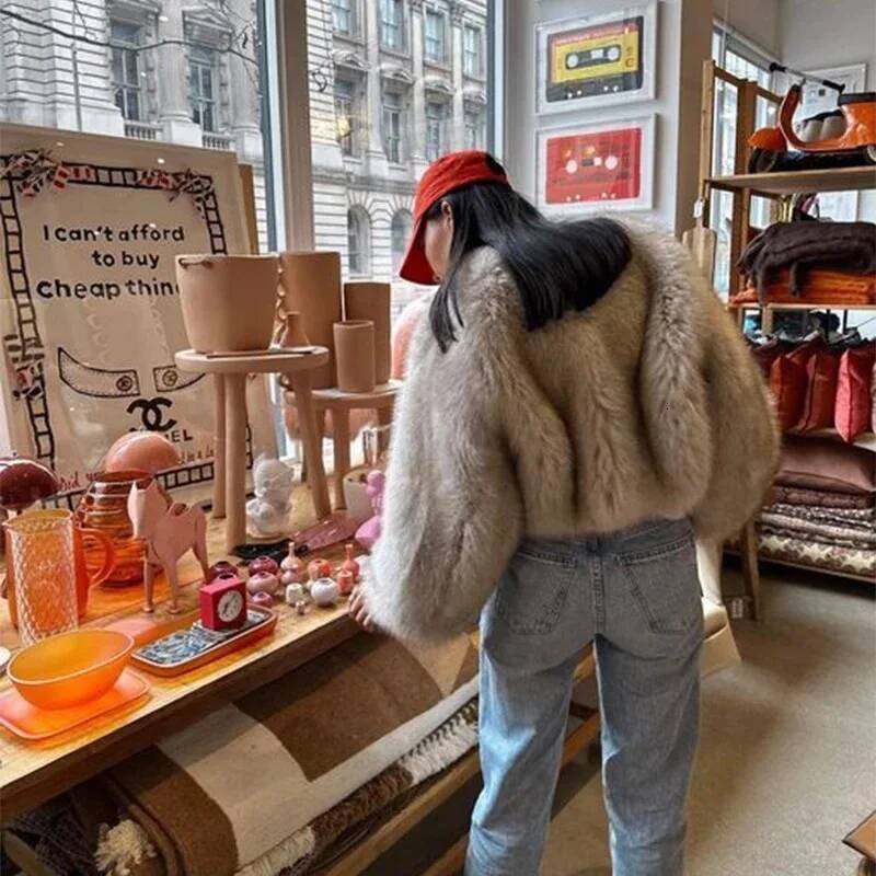 Chic Street Blogger Fashion Girls 2025 Winter Trendy Faux Raccoon Fox Fur Coat Jacket Women Thick Warm Cropped Fluffy Overcoats