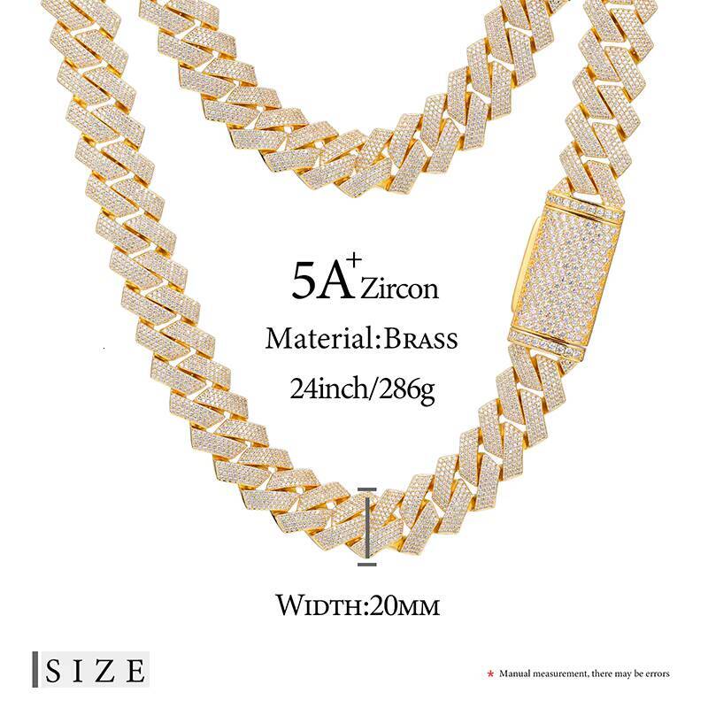 Wholesale Fashion Hip Jewelry 20mm Gold Plated Brass 3 Rows 5A Zircon Diamond Iced Out Bling Miami Cuban Link Chain Necklace