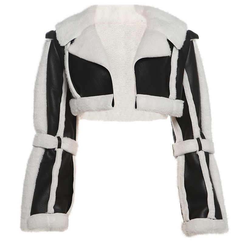 2025 Autumn New Womens Fashion Street PU Leather Patchwork Fur Collar Short Cropped Jacket