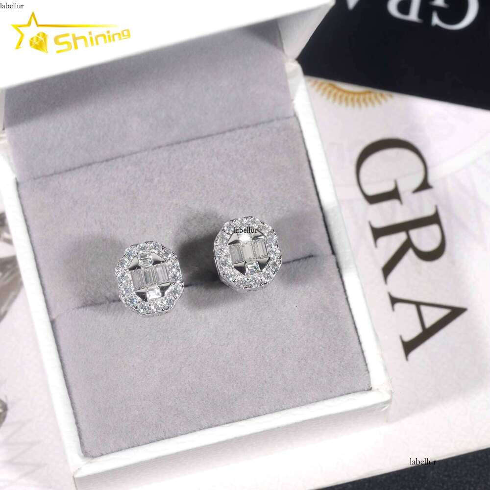 Pass Tester GRA Certified VVS Dia Sterling Sier Baguette Moissanite Stud Earrings Men Jewelry