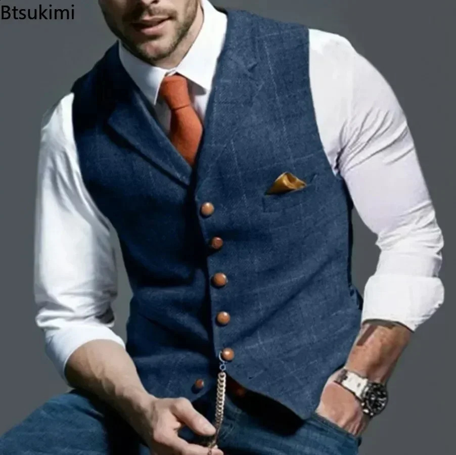 Mens Formal Vests Lapel Tweed Plaid Vneck Waistcoat Slim Vest Business Dress Suit Casual Wedding Tuxedo Male 250809