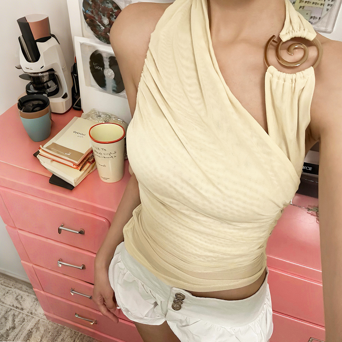 2025 Summer New Fashion Sexy Halter Neck Vest Slim Fit Ruched Crop Top for Women