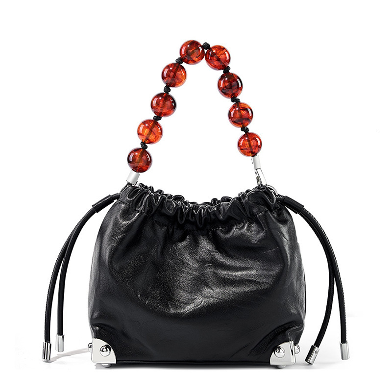 New Chinese Style Beaded First Layer Cowhide Hand-Grasped Flower Pleated Lucky Handbag Shoulder Crossbody Women's Bag