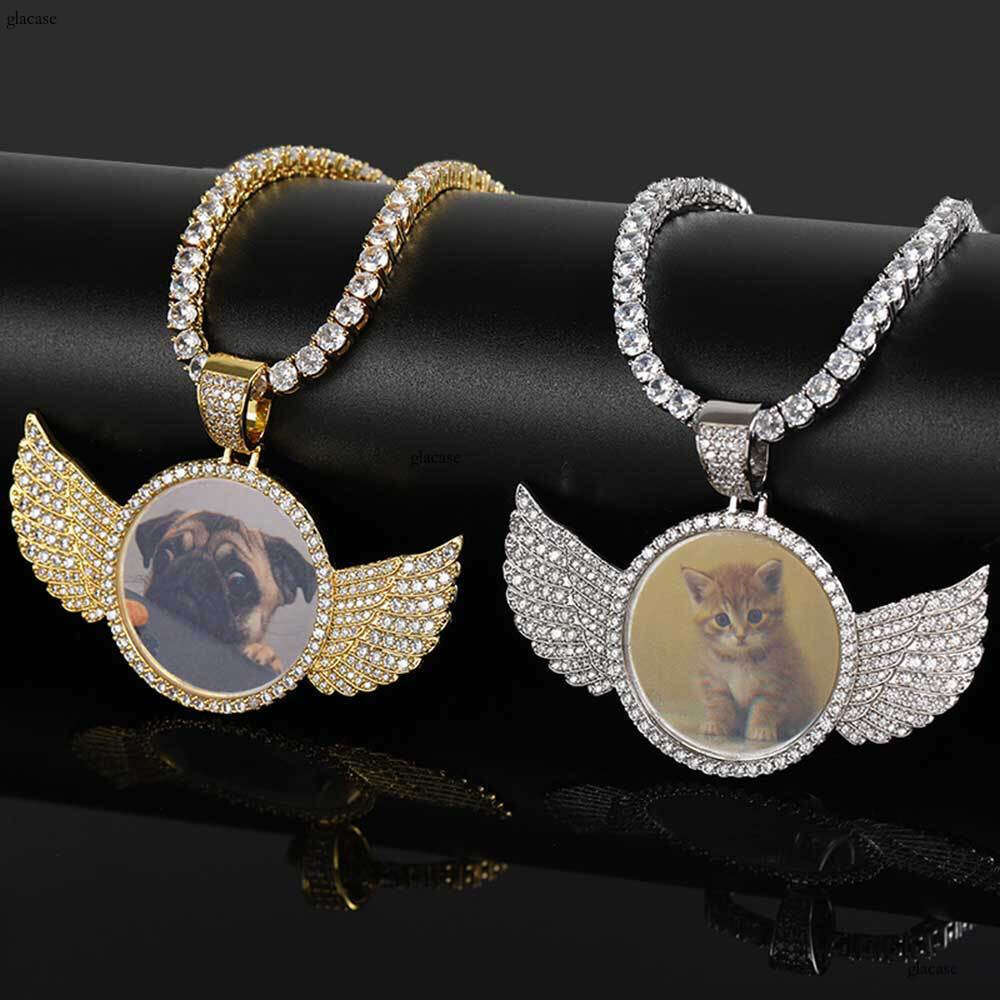Hip Hop Jewelry Angel Wings Round Pendant Micro Inlaid Moissanite chain DIY Personalized Creative Photo Frame Necklace