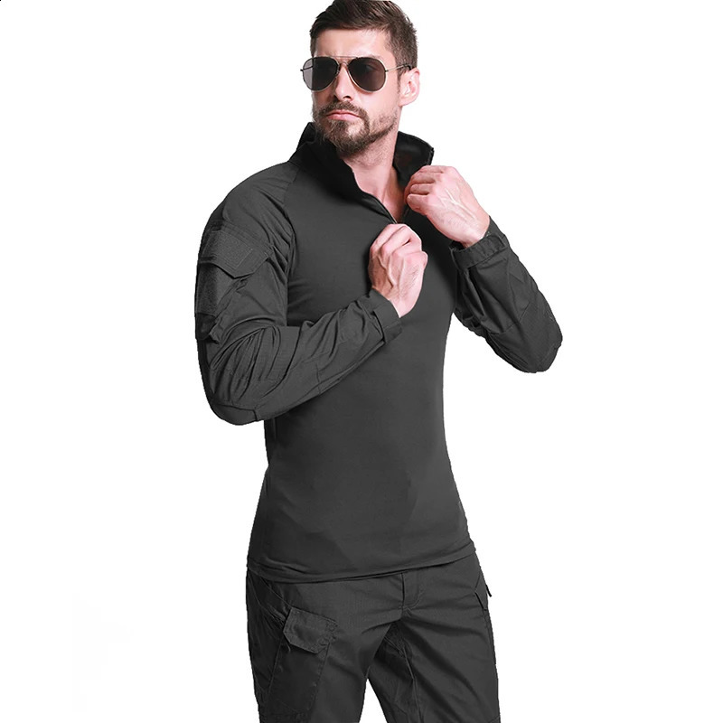 Mens Long Sleeve Combat Shirt 14 Zipper Ripstop Cotton Tactical Shirts Navy Blue Camoufalge Airsoft T 250809