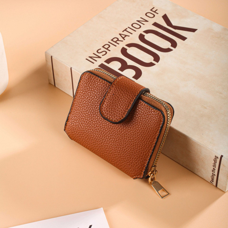 Cross-border Women's 80% Off Solid Color Lychee Texture Ladies Wallet With Makeup Mirror Multi-card Slot Coin Purse Luxury Bag Compartment Zipper