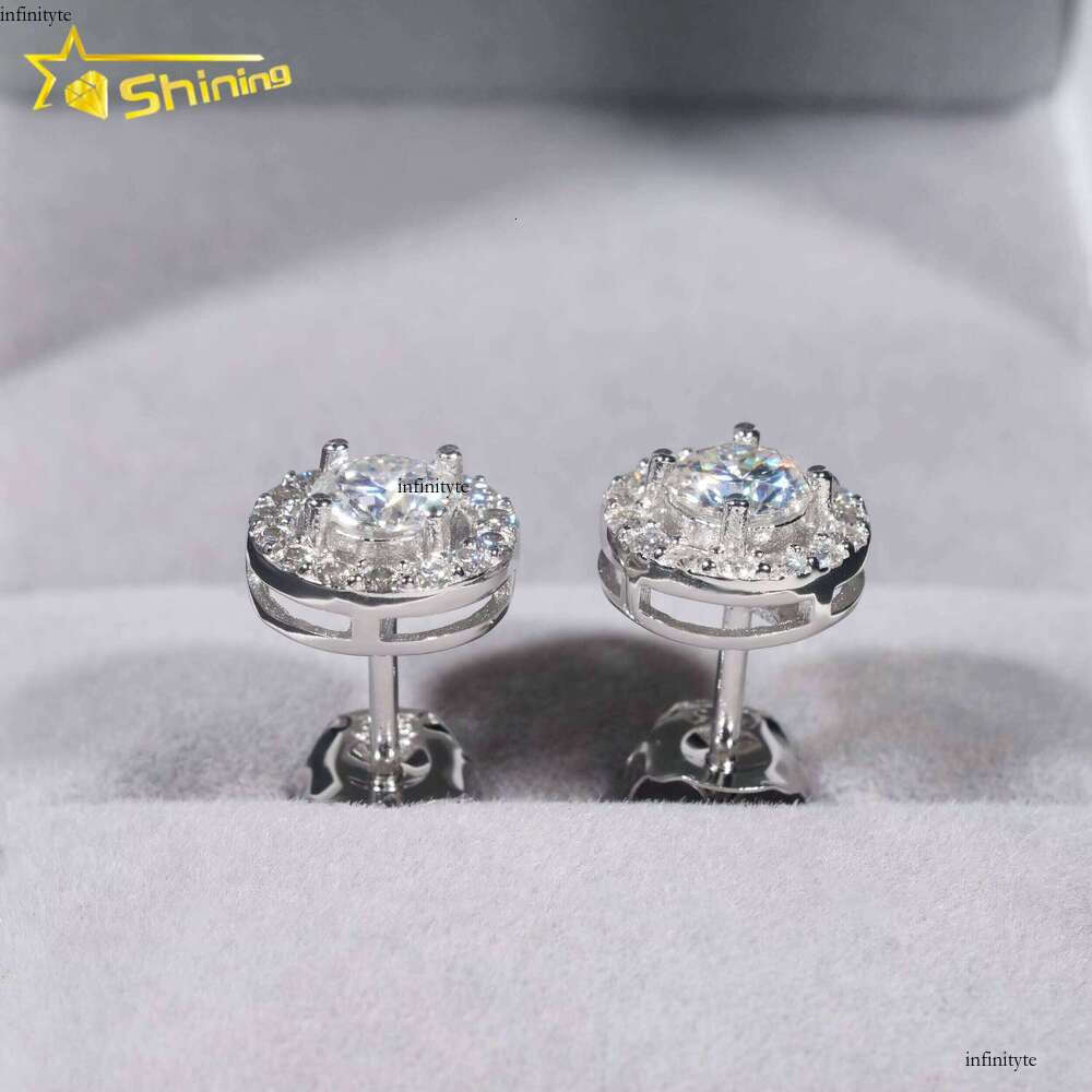 Hip Hop Jewelry Pass Tester Sterling Sier Round Halo VVS Dia Moissanite Stud Earrings
