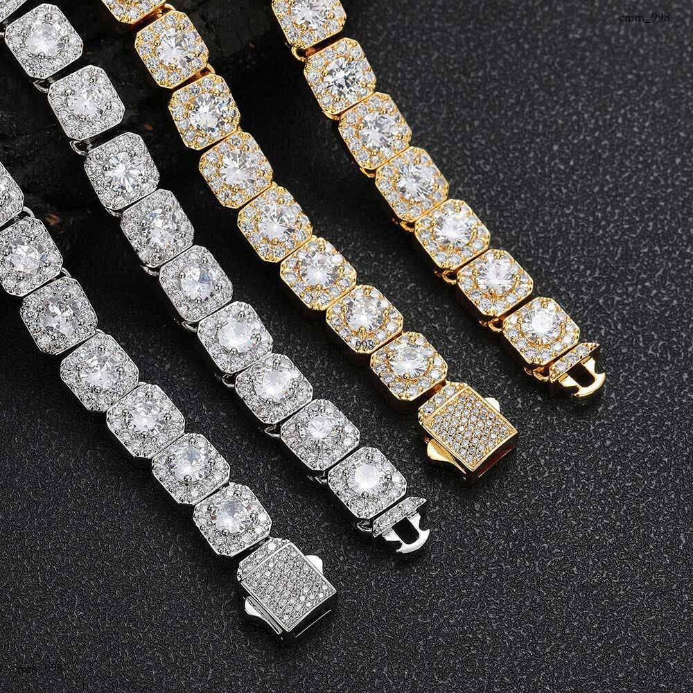 New 10mm Spring Buckle Square Rock Sugar Chain Moissanite chain Trendy Hip-Hop Men's Necklace Jewelry