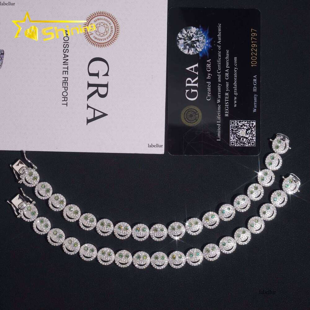 New Design Smile Emoji Green Moissanite Fashion Jewelry Gold Plated Sterling Sier Men's Iced Out Hip Hop Bracelet
