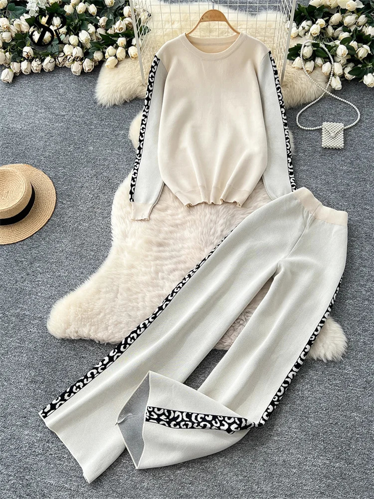 SINGREINY est Autumn Warm Women Suits O Neck Full Sleeves Loose PulloverWide Legs Long Pants Casual Print Knitting Sets 250808