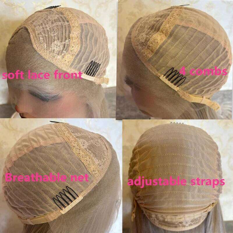 Natural Straightl Bob Women Platinum Blonde Colored With Dark Roots Synthetic HD Lace Front Wig For Woman Girl Lady Daily