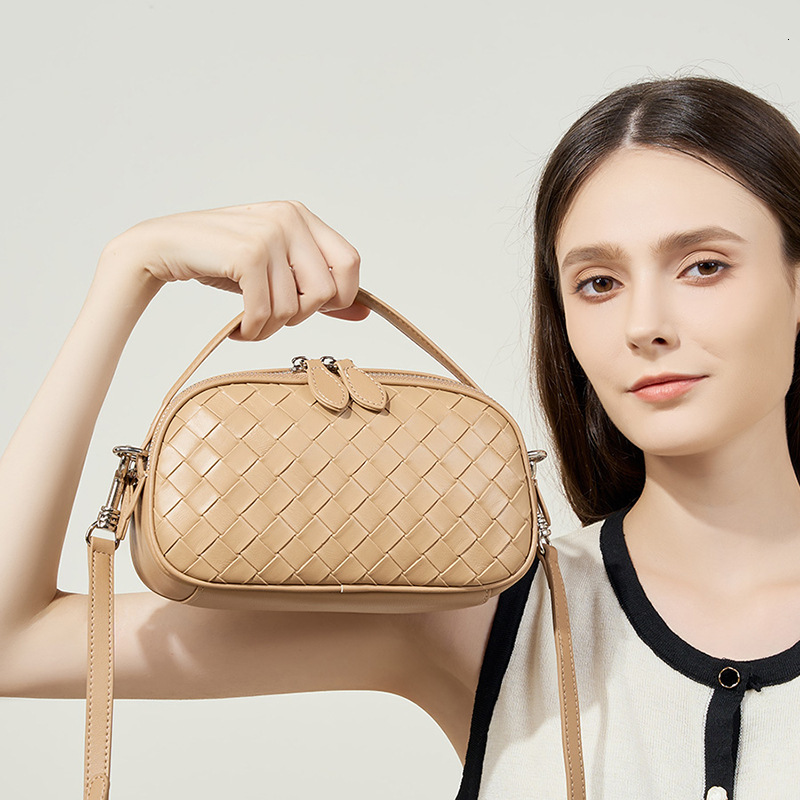 Summer New Genuine Leather Handbag Square Fashion Woven Double Zipper Shoulder Crossbody Small Casual Women's Bag
